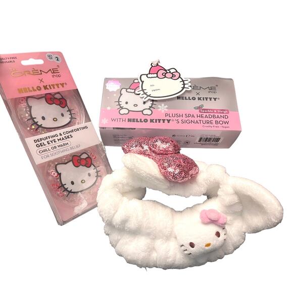 NEW Hello Kitty Plush SPA HEADBAND & GEL EYE MASKS 3pc Sparkle Sleigh Sequin Bow - Picture 2 of 7